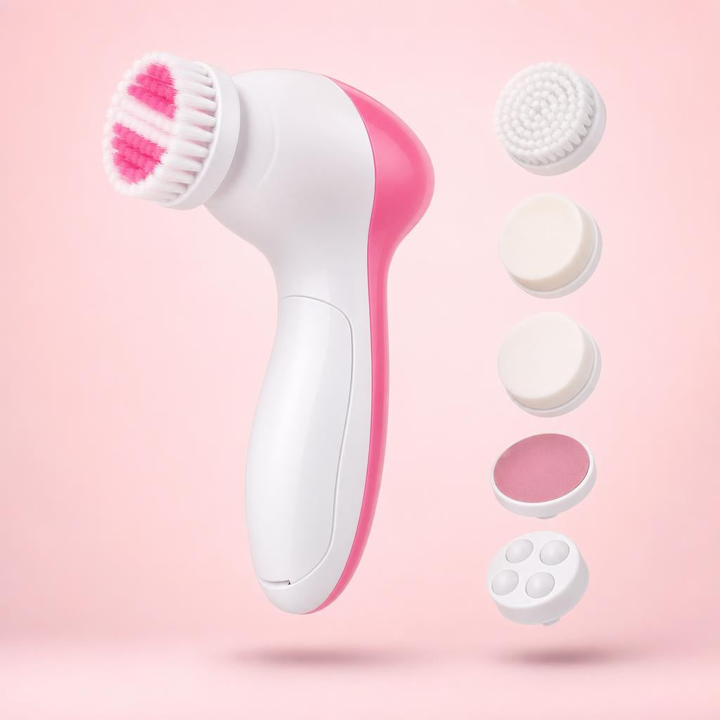 Cepillo de limpieza facial 5 en 1 Blumex en rosa con sus cinco cabezales