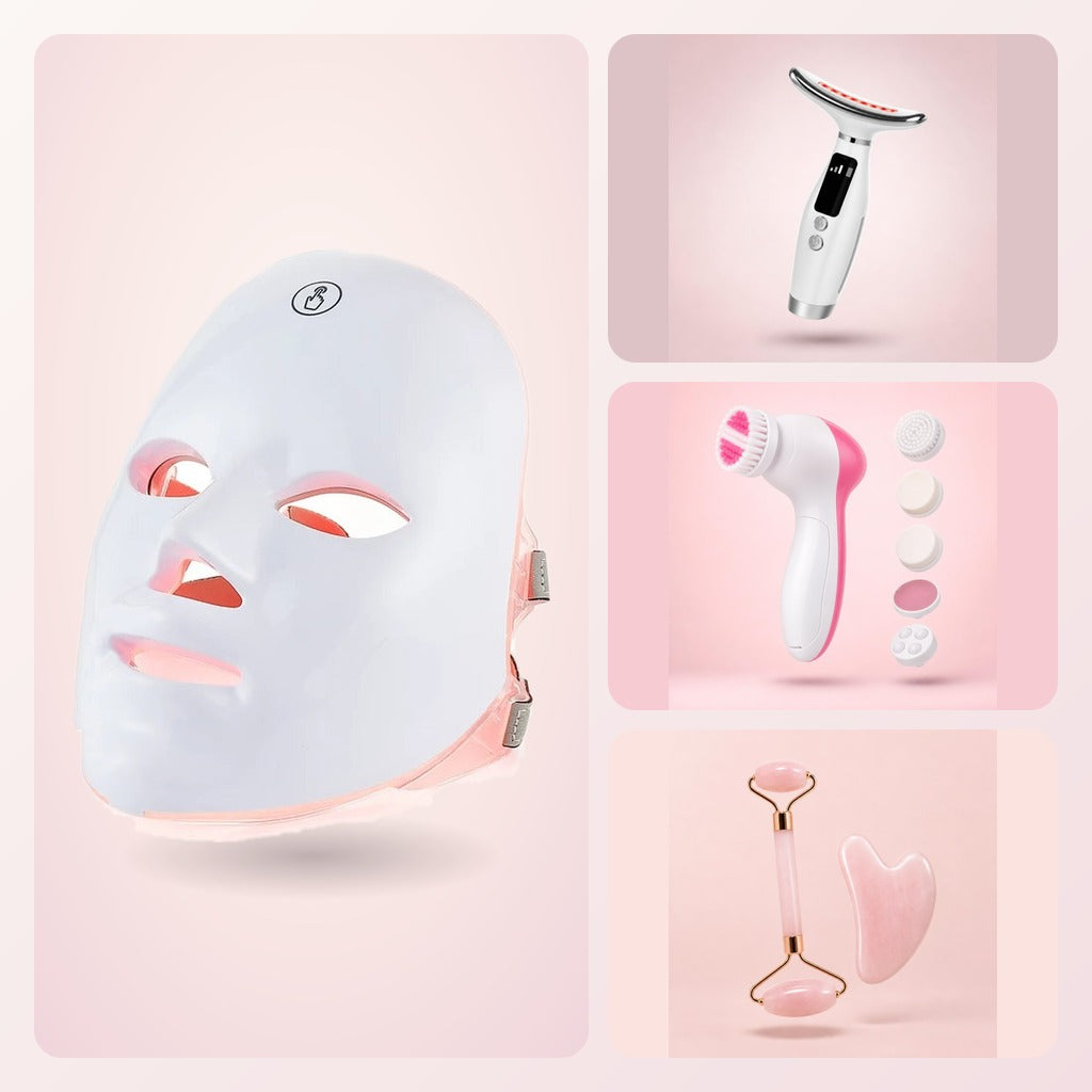 Pack Completo Blumex: máscara LED facial, masajeador de rostro y cuello, cepillo de limpieza 5 en 1 y set de rodillo con gua sha