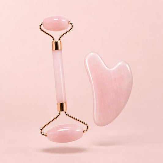 Set rodillo facial y gua sha Blumex en cuarzo rosa