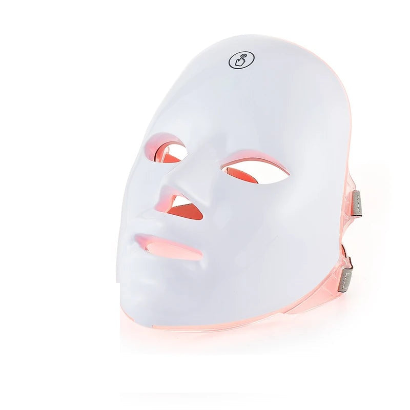 Máscara LED facial de 7 colores Blumex, vista de frente con la luz roja encendida