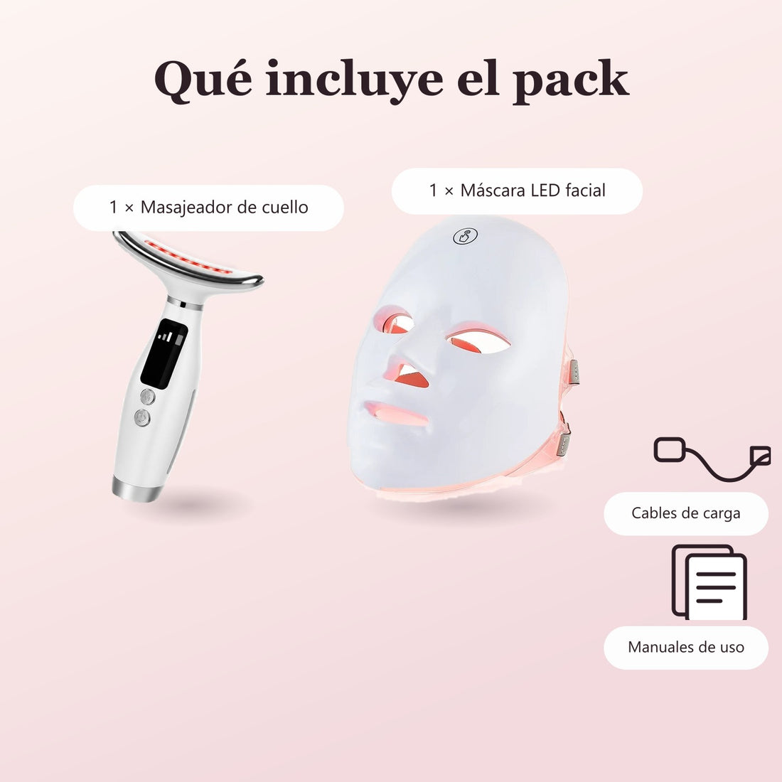 Qué incluye el pack: máscara LED facial, masajeador de cuello, cables de carga y manuales de uso